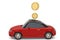 Putting gold coins in car shaped piggy bank.3D illustration.