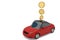 Putting gold coins in car shaped piggy bank.3D illustration.