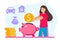 Putting money piggy bank vectors Happy woman