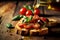 putting oil over delicious bruschetta on a wooden table, closeup