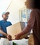 Putting your package in your hands. a young postal worker delivering a package to a female customer.