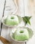 Putu Ayu, Indonesian Traditional Steamed Cup Cake, made from Rice FLour Batter and Shredded Coconut with Pandan Leaf Aromatic