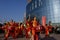 Puyang, Henan Province, China: The performance of `Battle Drum` by the women`s gongs and drums team of Shuixiu Celebration, in whi