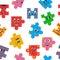 Puzzle characters pattern. Seamless print of funny abstract comic faces jigsaw pieces cartoon style, repeating