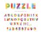 Puzzle font. ABC colorful creative letters and numbers.