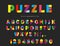 Puzzle font. ABC colorful creative letters and numbers on a black background.