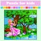 Puzzle game for children.  fairy plays the flute, sitting on the mushroom. Education worksheet. Activity page color. Riddle for