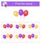 Puzzle game for children. Task for development of attention and logic. Find same group of balloons. Vector