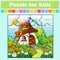 Puzzle game for kids. Animals near the mushroom house. Education worksheet. Color activity page. Riddle for preschool. Isolated