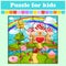 Puzzle game for kids.  of candy land with waffle and cream castle lollipops and berries. Education worksheet. Color