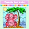 Puzzle game for kids. Elephant on an island sitting under a palm tree. Education worksheet. Color activity page. Riddle for