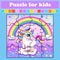 Puzzle game for kids. Illustration of a bright unicorn on a cloud with rainbow and stars. Education . Color activity page