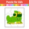 Puzzle game for kids. Jigsaw pieces. Color worksheet. Activity page. St. Patrick`s day. Isolated vector illustration. Cartoon