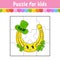 Puzzle game for kids. Jigsaw pieces. Color worksheet. Activity page. St. Patrick`s day. Isolated vector illustration. Cartoon