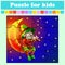 Puzzle game for kids. Magician plays on flute sitting on moon. Education worksheet. Color activity page. Riddle for preschool.