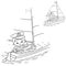 Puzzle Game for kids: numbers game. Cartoon sail ship with sailor on the deck. Coloring book for children
