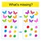 Puzzle game for kids. Task for the development of attention and logic. Find the missing balloon and, butterfly