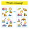 Puzzle game for kids. Task for the development of attention and logic. Find the missing transport