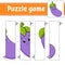 Puzzle game for kids. Vegetable eggplant. Cutting practice. Education developing worksheet. Activity page.Cartoon character