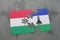 puzzle with the national flag of hungary and lesotho on a world map