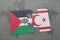 puzzle with the national flag of palestine and northern cyprus on a world map background.