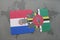 puzzle with the national flag of paraguay and dominica on a world map background.