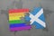 puzzle with the national flag of scotland and gay rainbow flag on a world map background.