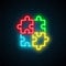 Puzzle neon sign. Bright Autism symbol on dark brick wall background.