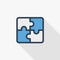 Puzzle part, jigsaw piece, solution thin line flat color icon. Linear vector symbol. Colorful long shadow design.