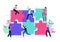 Puzzle teamwork. People work together and connect puzzle pieces, business office workers team cooperation flat vector