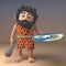 Puzzled 3d cartoon caveman character wonders about a flat earth conspiracy, 3d illustration