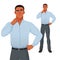 Puzzled black businessman thinking with hand on chin. Vector cartoon character.