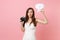 Puzzled bride woman in wedding dress hold retro vintage photo camera, Say cloud speech bubble with lightbulb choosing