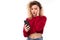 Puzzled curly girl with a phone in her hands on a white studio background