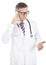 Puzzled doctor talking on his mobile phone
