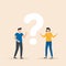 Puzzled people searching answers and problem solution near big question mark. Vector illustration