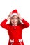 Puzzled smiling christmas girl wearing a santa hat isolated over a white background, holding her hands on the head
