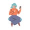 Puzzled Woman Character with Crossed Legs Sitting with Smartphone Asking Question in the Internet Vector Illustration