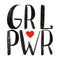 PWR GRL. Power girl. Black vector phrase with red heart