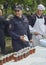 PYATIGORSK, RUSSIA - MAY 09, 2017: The employee of the Police distributes tea and food Movable white kitchen