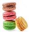 Pyramid of colorful french macarons isolated on white background