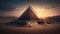 pyramid in desert at sunset