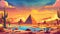 Pyramid in Egyptian desert oasis. Ancient nile river scene drawing banner. Cartoon illustration of Arab archeology wild