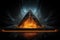 A pyramid with a fire inside of it. Mystical pyramid is associated with supernatural or mystical beliefs.