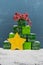 Pyramid of Gifts with Red Bow and Snow with Yellow Star