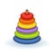 Pyramid icon. Childrens colorful plastic toy. Rainbow color stacking ring set. Triangle shape. Education card for kids