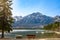 Pyramid Lake Resort canoe dock. Jasper National Park landscape. Canadian Rockies