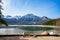 Pyramid Lake Resort canoe dock. Jasper National Park landscape. Canadian Rockies