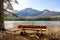 Pyramid Lake sunset time. Jasper National Park landscape. Canadian Rockies