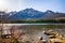 Pyramid Lake sunset time. Jasper National Park landscape. Canadian Rockies